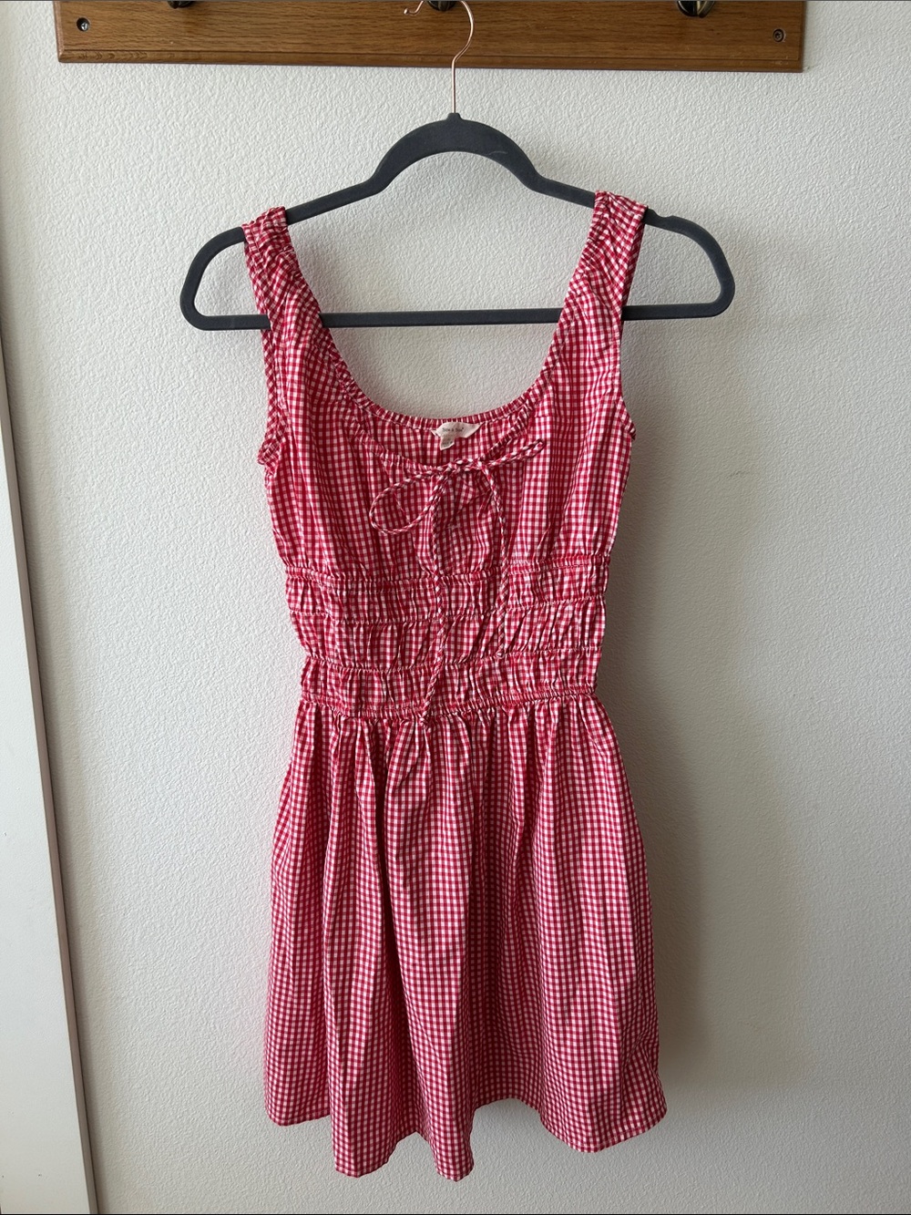 Red Gingham Smocked Tie-Front Mini Dress